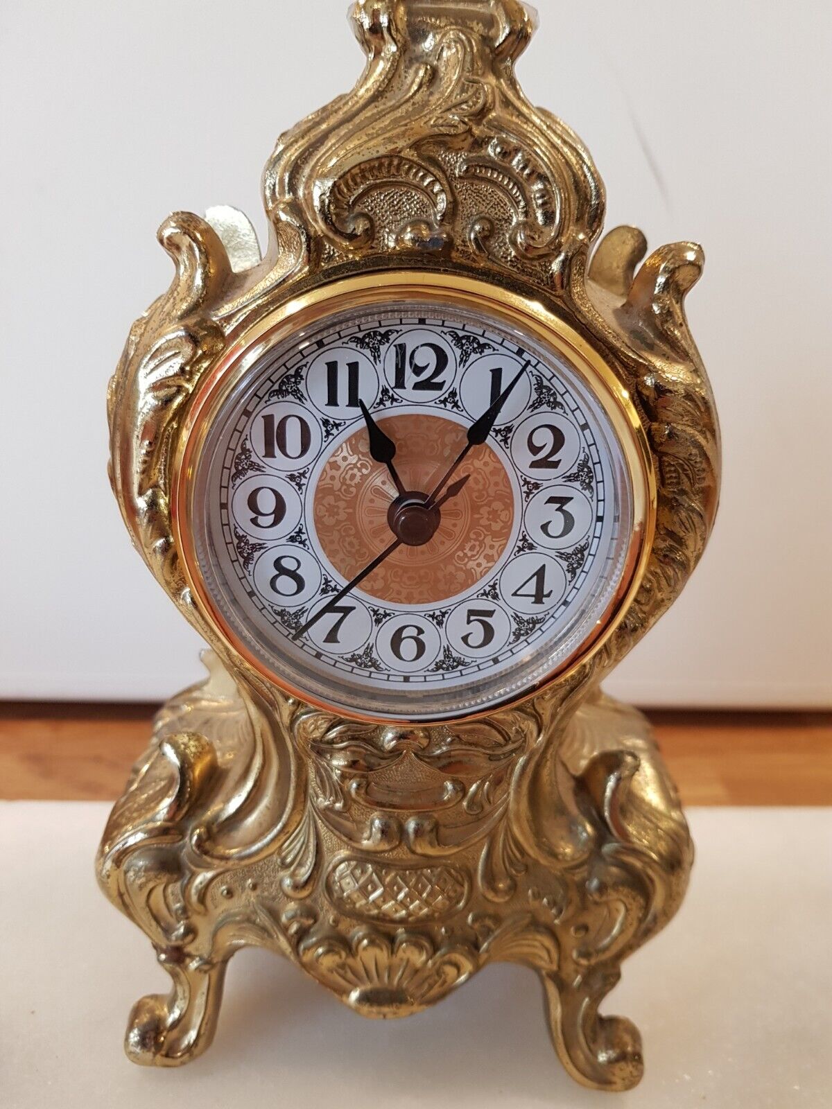 Vintage German Made Cast Brass Mantel Clock Works well Quiet Tic H21cm X W10cm