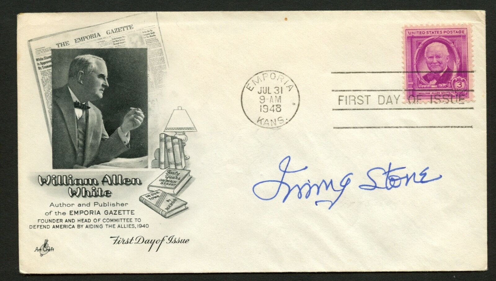 Irving Stone d.1989 signed autograph auto FDC cover American Writer PC292