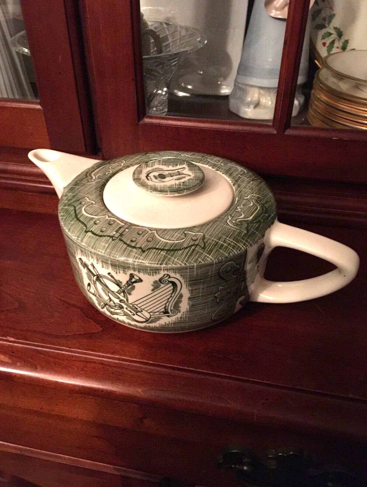Vintage Ye Old Curiosity Shop Green Teapot w/Lid-Hinges & Instrument Royal China