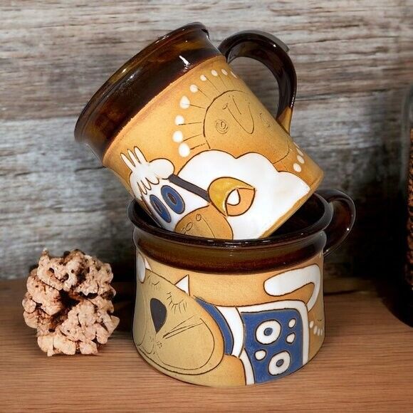 Matching Pair of Ceramic Mugs Soup Bowls Dog Cat Lamb Ram Glazed Signed Pottery