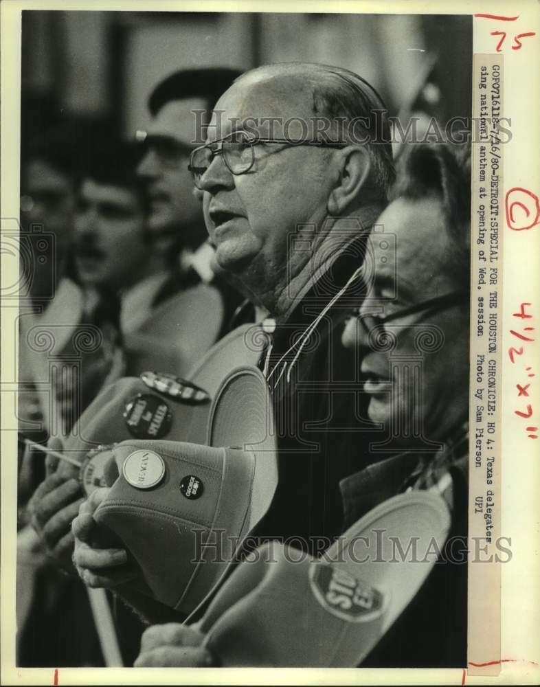 1980 Press Photo Texas Delegates Sing Anthem at Republican National Convention