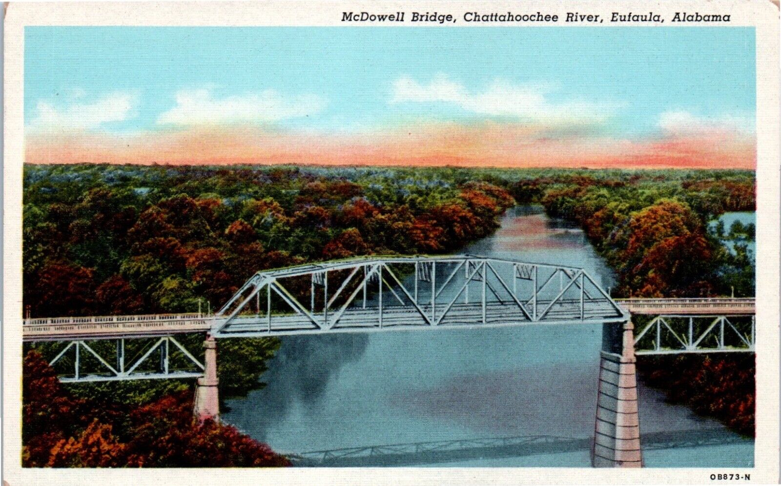 Eufaula, AL McDowell Bridge Chattahoochee River Postcard Linen Unposted