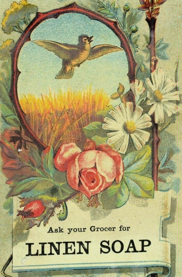 1870\'s-80\'s Lovely Linen Soap Bird Floral Flowers Victorian Trade Card F79