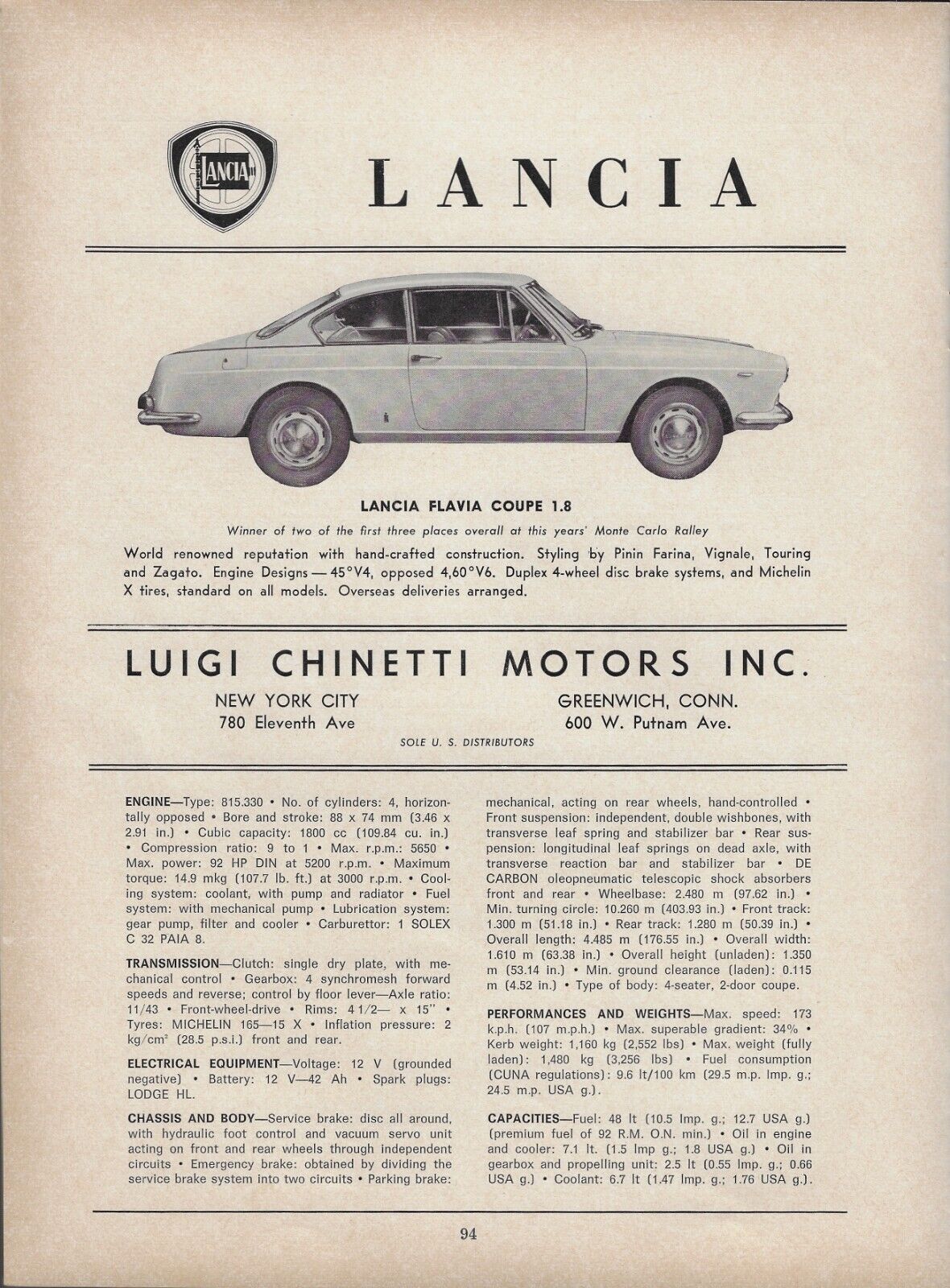 1966 Lancia Flavia Coupe 1.8 Monte Carlo Ralley Winner Photo Vintage PRINT AD