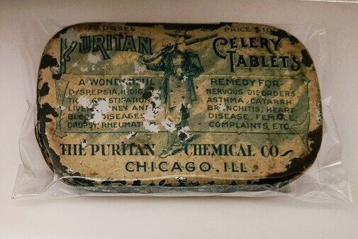 Puritan Celery Tablets Tin, The Puritan Chemical Co., Exceedingly Rare Antique