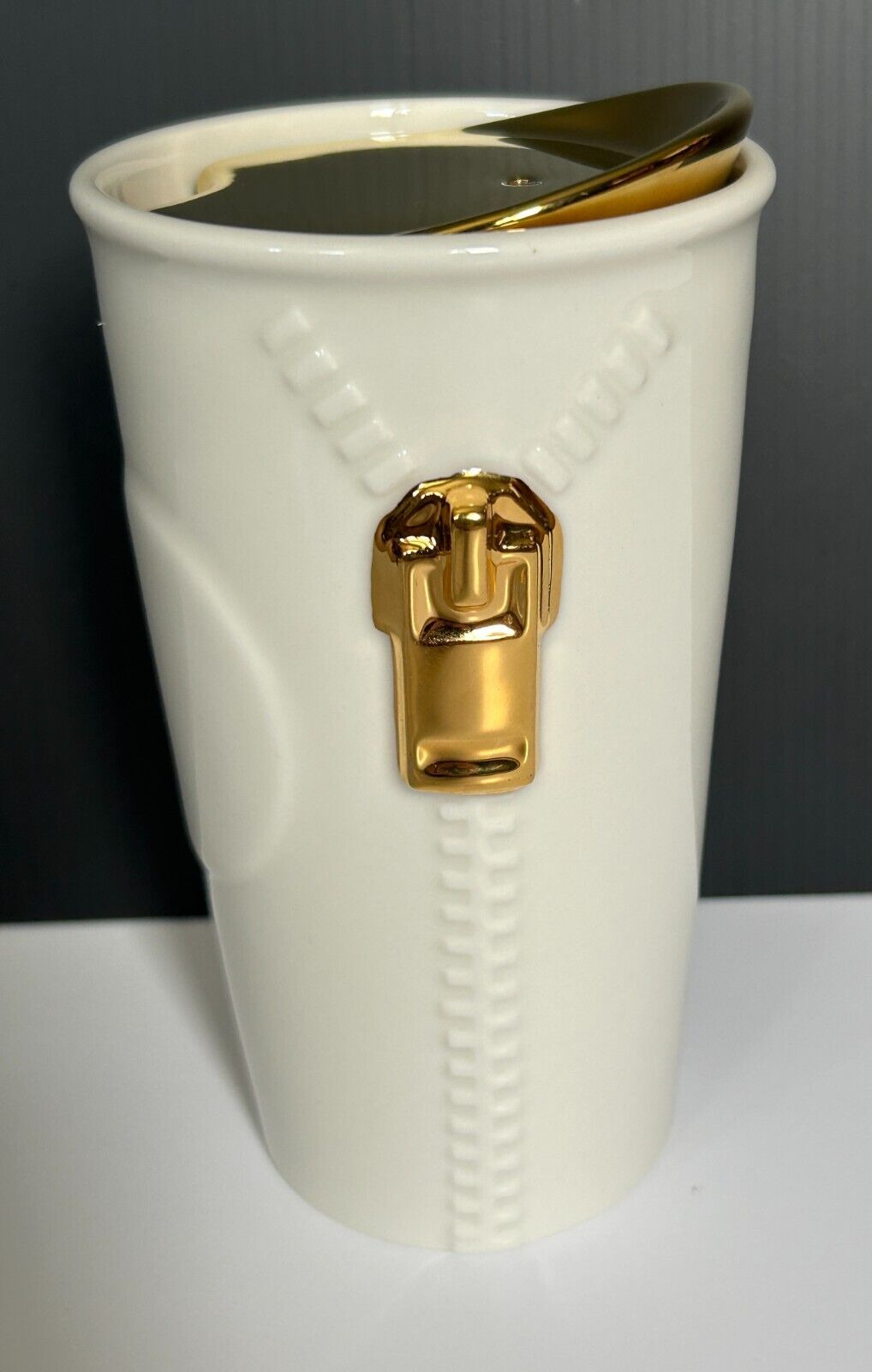 Starbucks Mug 2015 Gold Zipper White Ceramic Double Wall Tumbler Coffee Cup