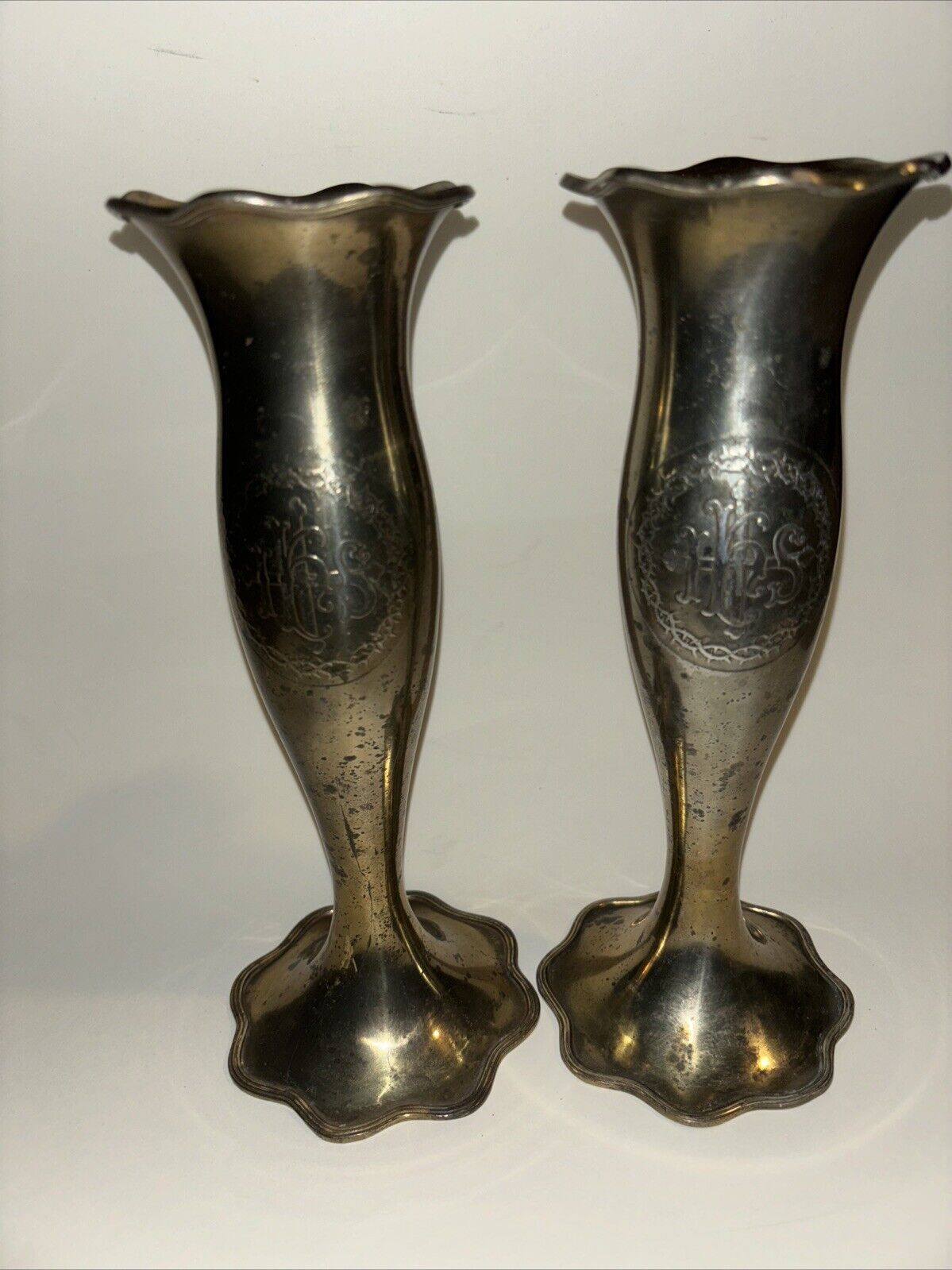 Pair of Antique Trumpet Style Church Flower Vases, 10 Inches E1301 chalice co
