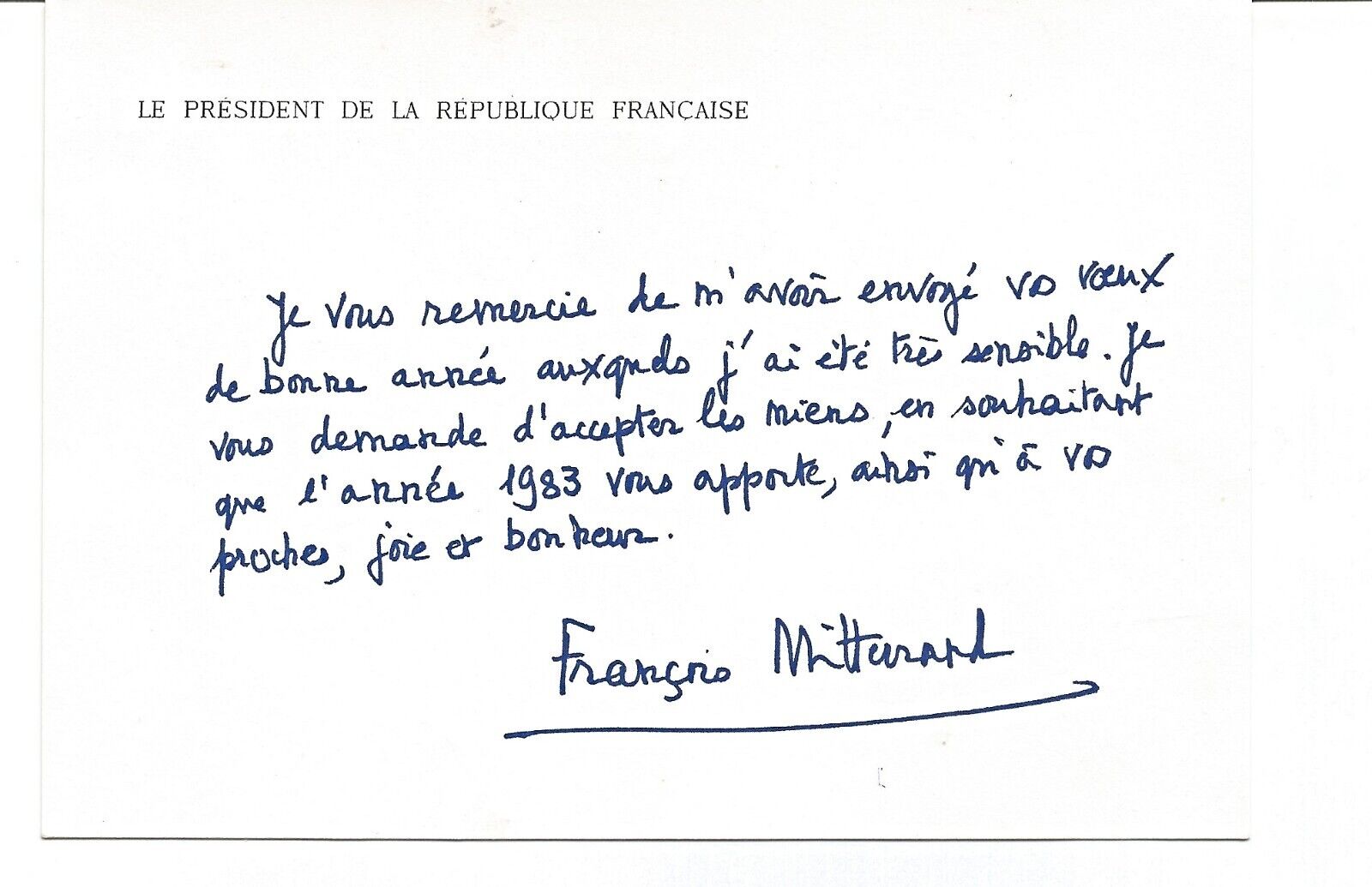President François Mitterrand  Personal Greeting card 1983 (official print)