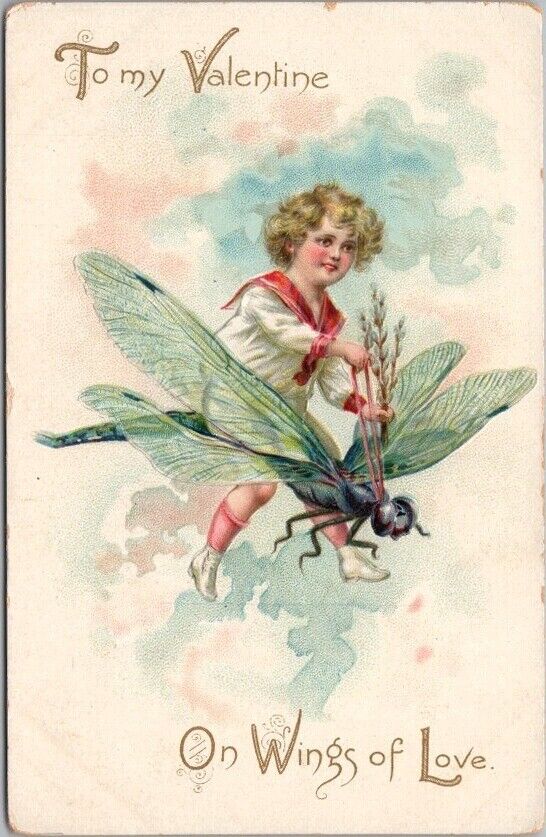 1910s Tuck's VALENTINE'S DAY Postcard Little Girl on DRAGONFLY / Fantasy UNUSED