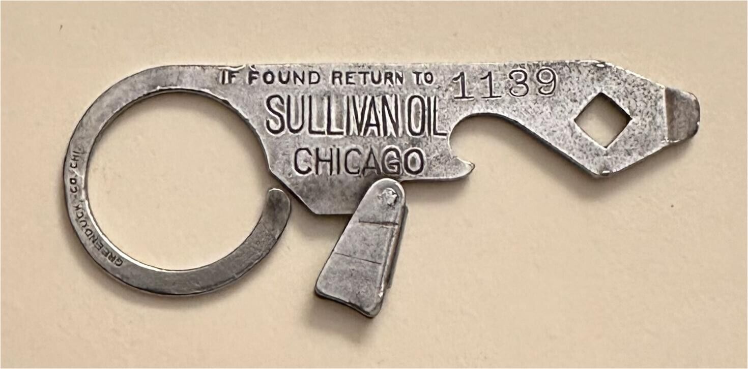 1910s If Found Return To Sullivan Oil Chicago 1139 Lock Key Ring Bottle Opener