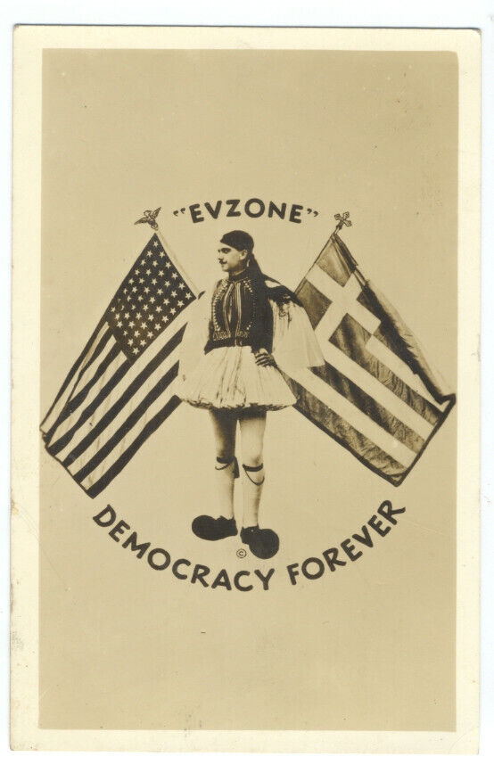 GREEK EVZONE Greece & USA - RPPC MONTAGE Democracy Forever ca1940 Postcard RARE