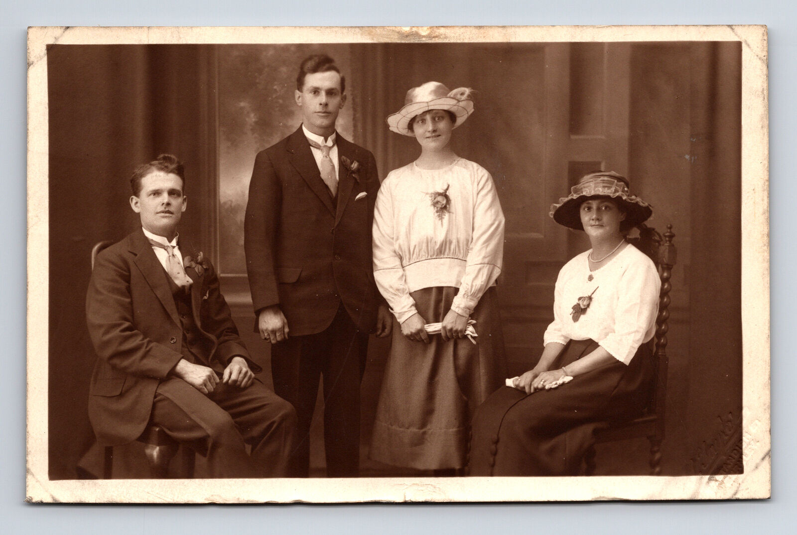RPPC Wedding Portrait of Two Couples Brothers Sisters Postcard