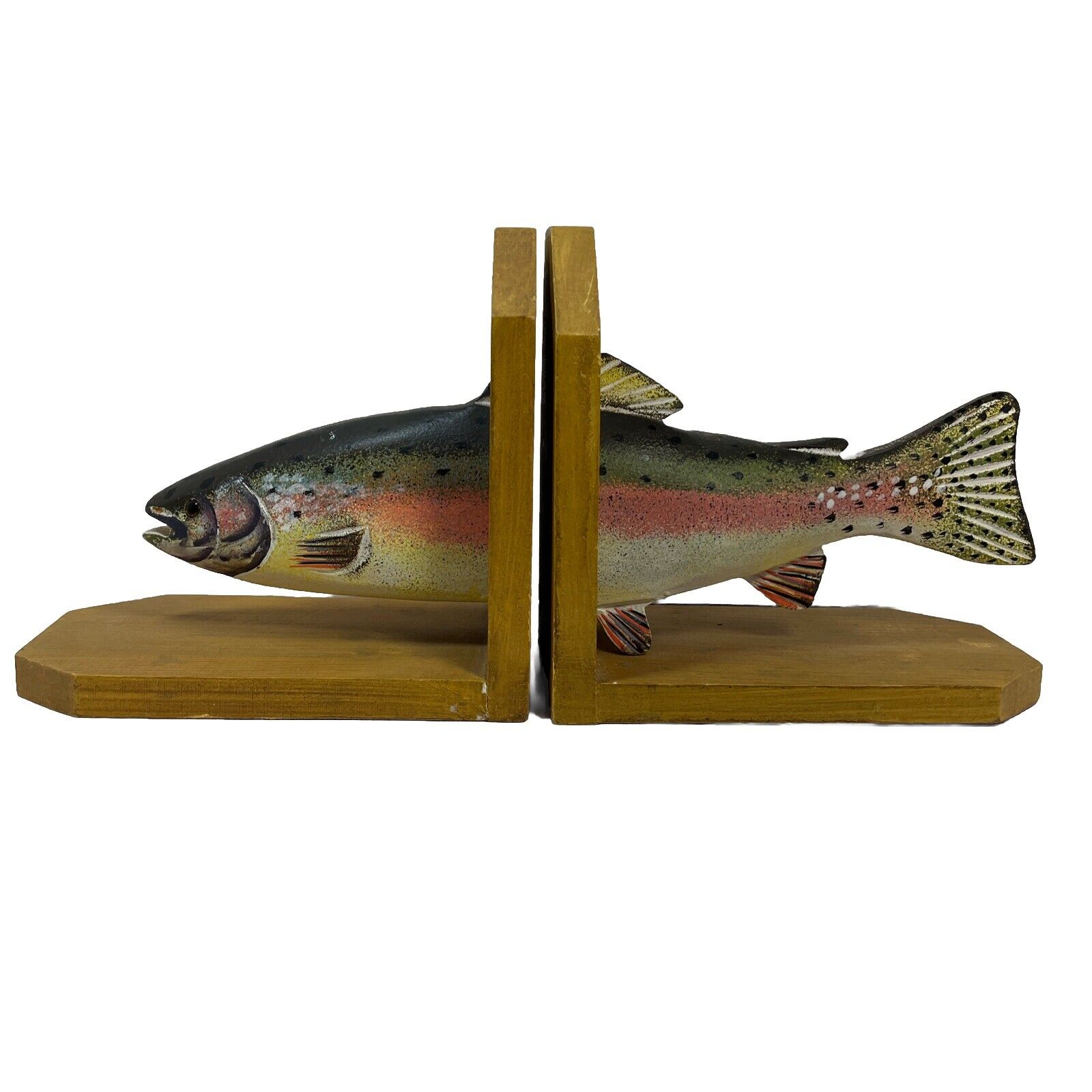 Fish Carved & Painted Wood Bookends Set Folk Art Trout Fishing Book Stops