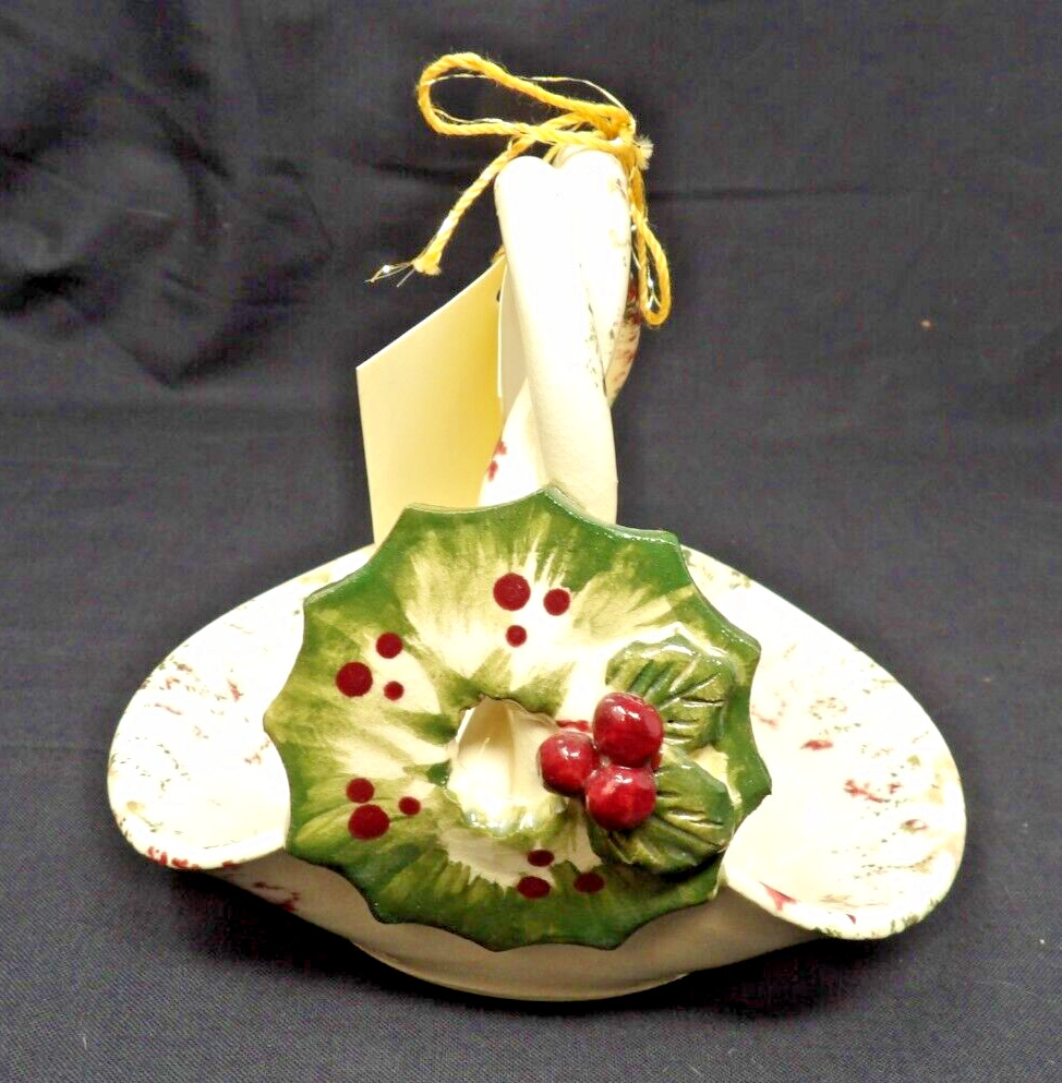 Piney Woods Pottery Holly Wreath Dish Hand Designed & Turned Twisted Rope Handle