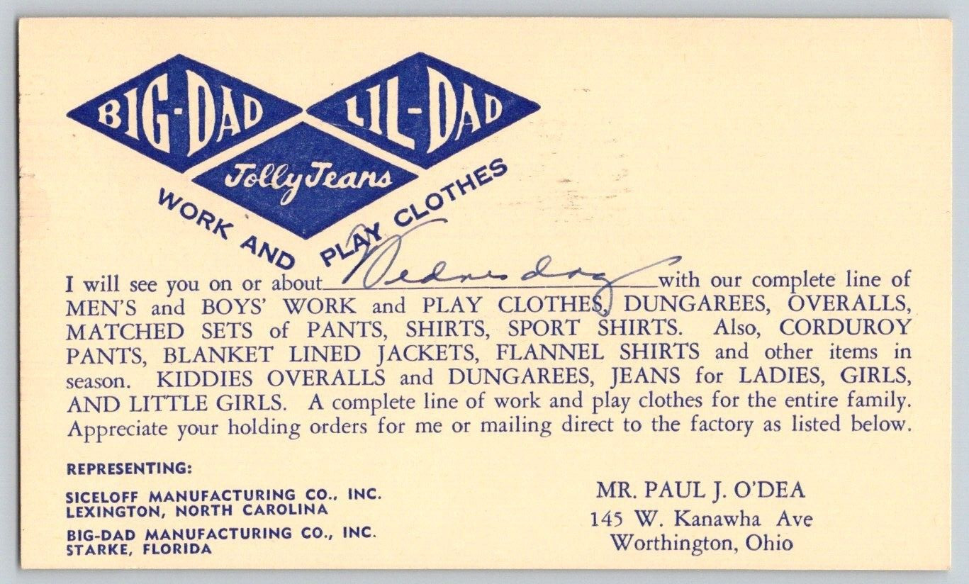 Advertising Postcard~ Big-Dad/ Lil-Dad Jolly Jeans~ Starke, FL & Lexington, NC