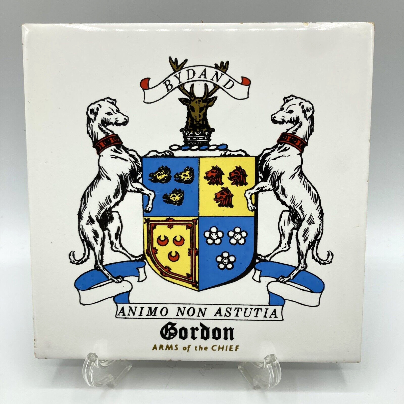 Vtg Scotland Clan Gordon Coat of Arms Ceramic Tile Trivet Bydand Dogs 6\