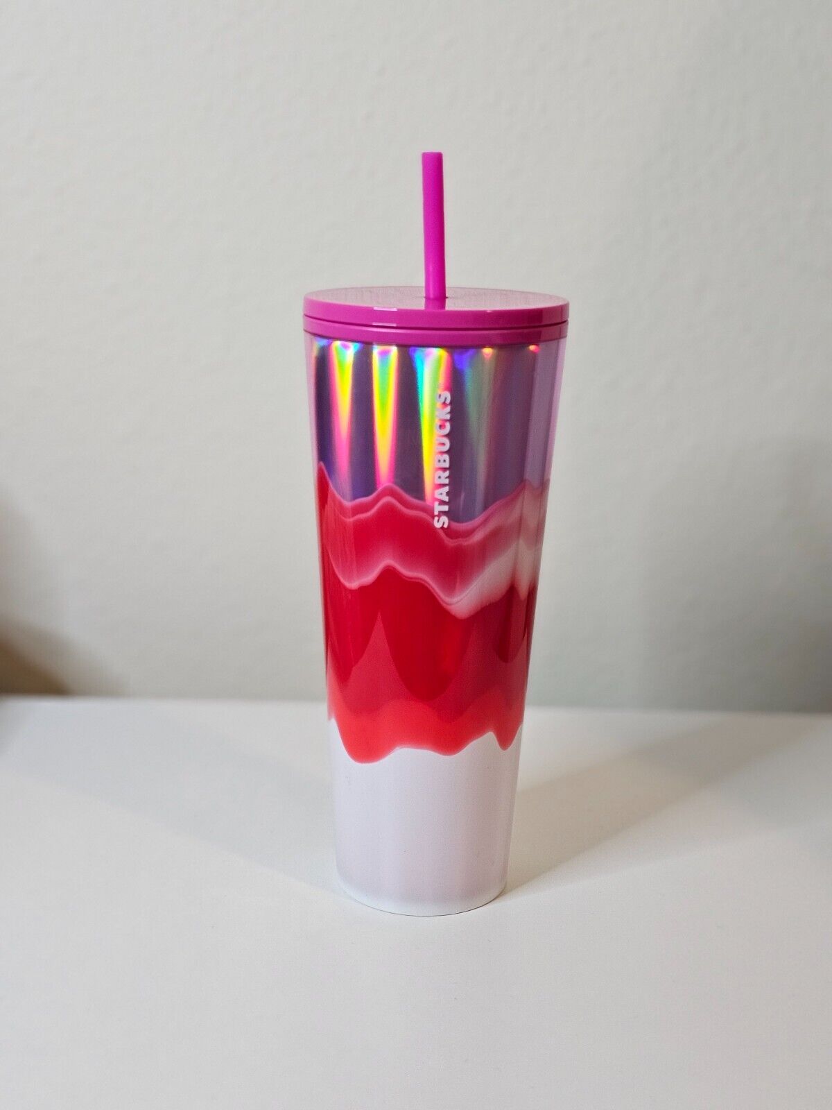 Starbucks Red Pink White Snow Ombre Wave Venti Cold Cup Tumbler 24oz NEW