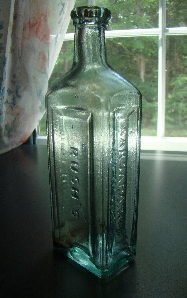 Antique Crude 1870\'s RUSH\'S SARSAPARILLA AND IRON Medicine Bottle- Applied Lip
