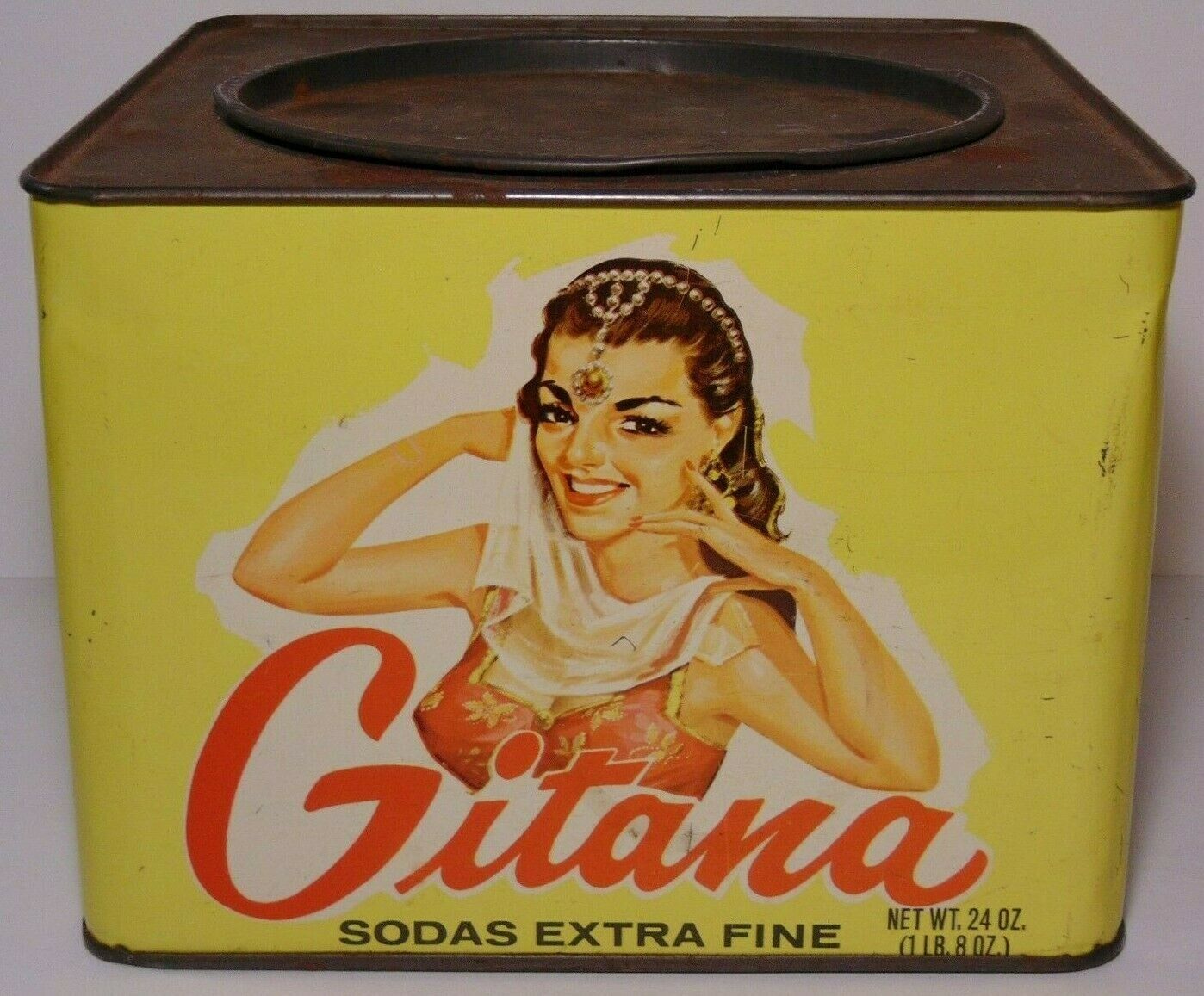Large Vintage 1960s NABISCO GITANA WOMAN GRAPHIC TIN MAYAGUEZ PUERTO RICO USA