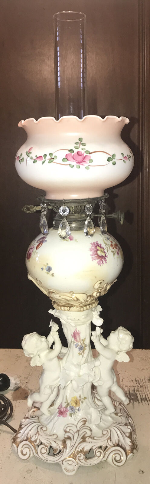 1800’s Antique Victorian GWTW Floral Porcelain Cherubs Parlor Converted To Elec.