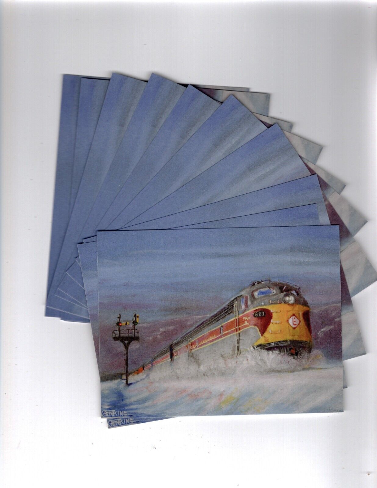 10 postcards of a painting of Erie Lackawanna E units in the Snow.  Railroad