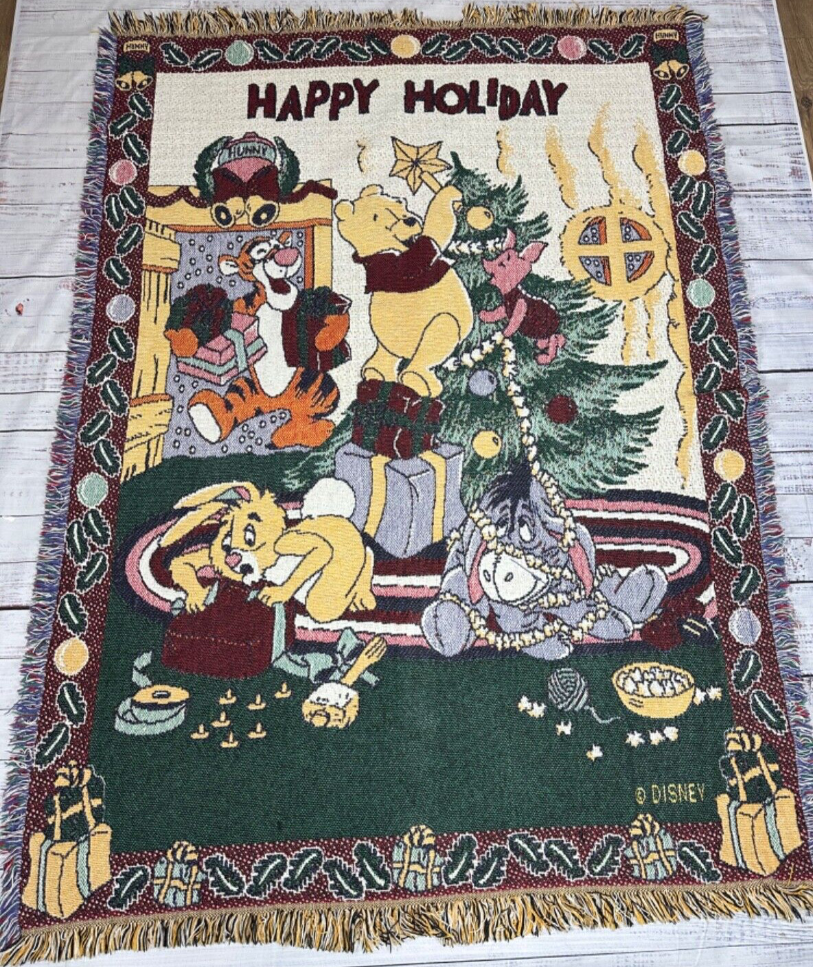 Vtg Disney Winnie the Pooh Christmas Jacquard Tapestry Blanket Multicolor Fringe