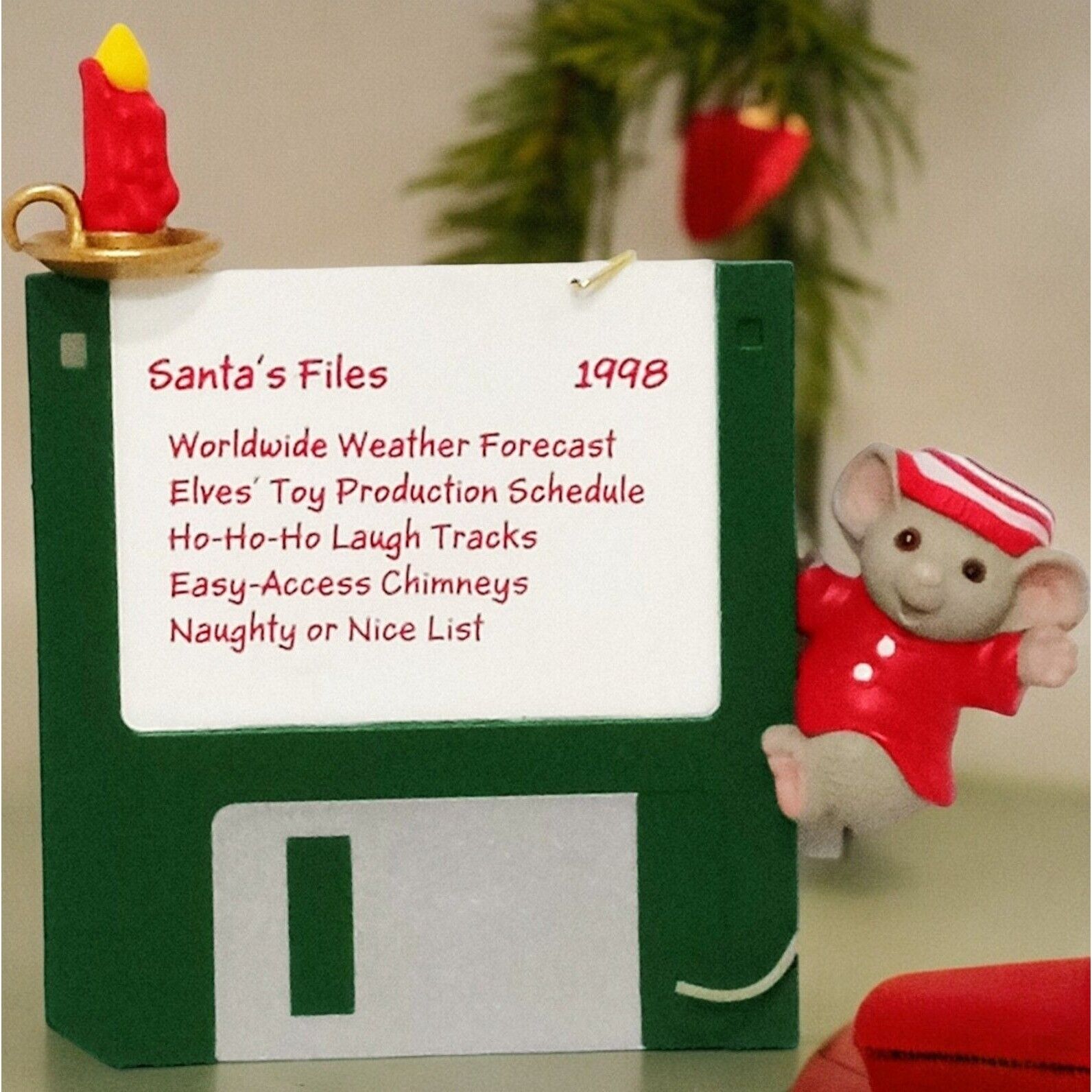 Vintage Retired Hallmark Ornament 1998 Santas Flies Floppy Disk Mouse Candle NEW