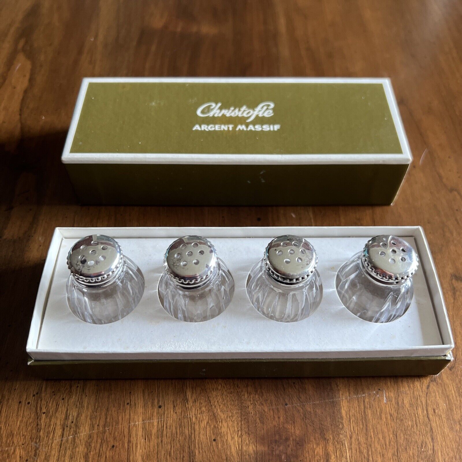 Vintage Christofle Argent Massif Sterling Cap Mini Crystal Salt Shakers, Set #1