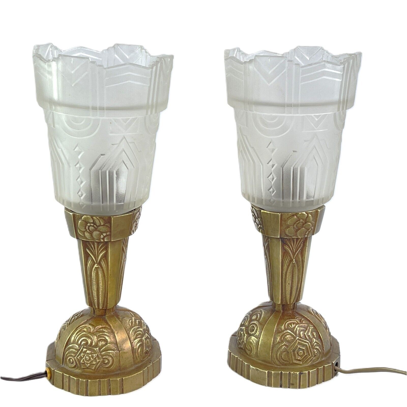 2 X Art Deco Table Lamps Chandelier Lamps Bronze Geometric Glass, 1930er