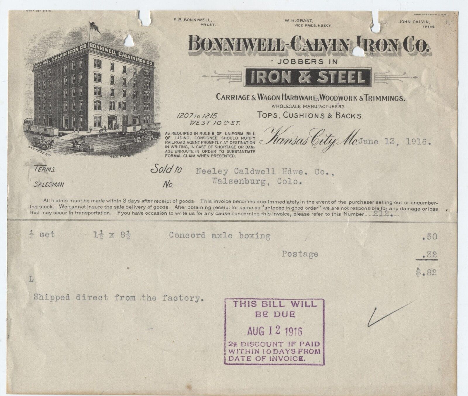 1916 BILLHEAD KANSAS CITY MISSOURI, BONNIWELL-CALVIN IRON CO