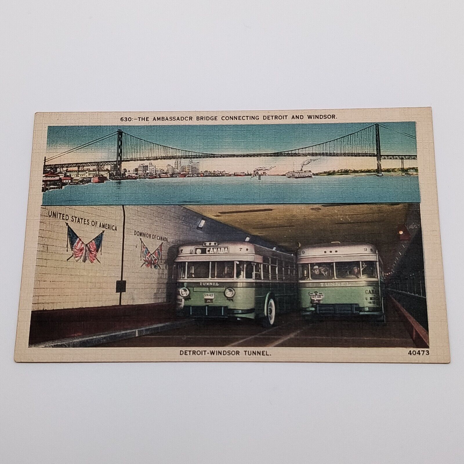 Detroit Michigan - Windsor Tunnel and Ambassador Bridge Old Buses Linen Postcard