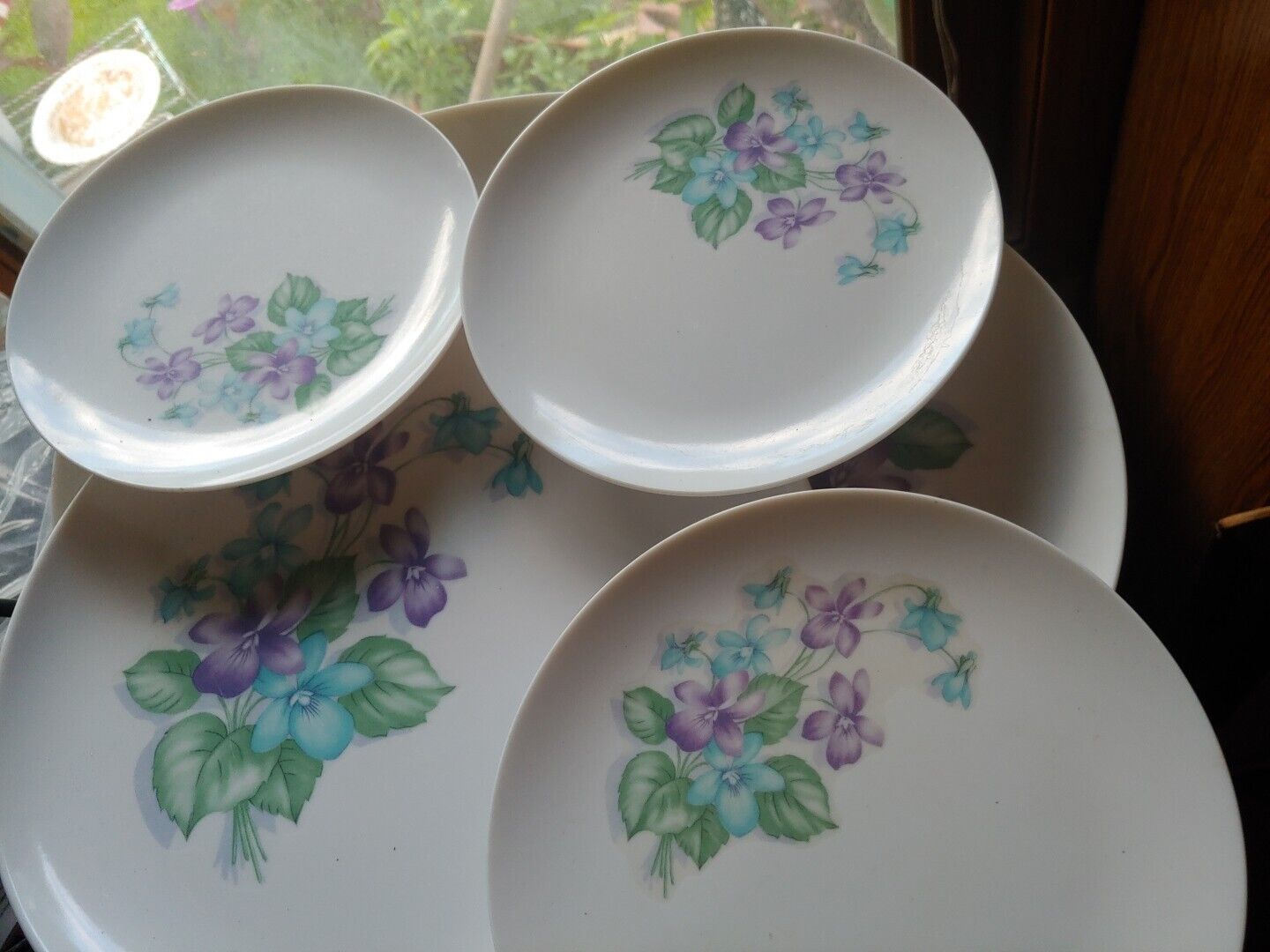 Royalon Melmac Purple Corsage 4 Plates Set Violets Oval Serving Platter Vintage 