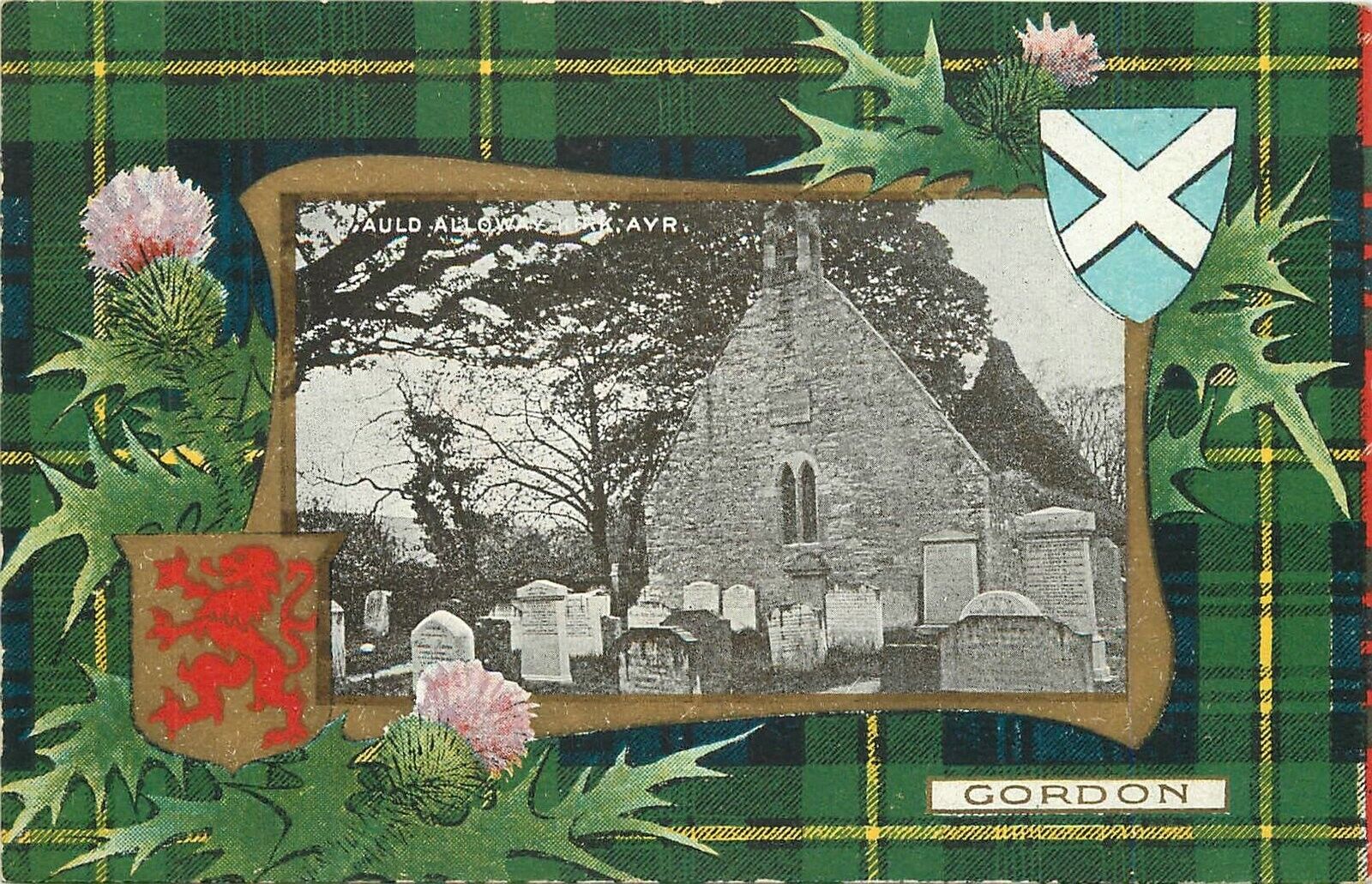 Postcard 1920s UK Scotland Gordon Ayr crest Tartan 23-8495