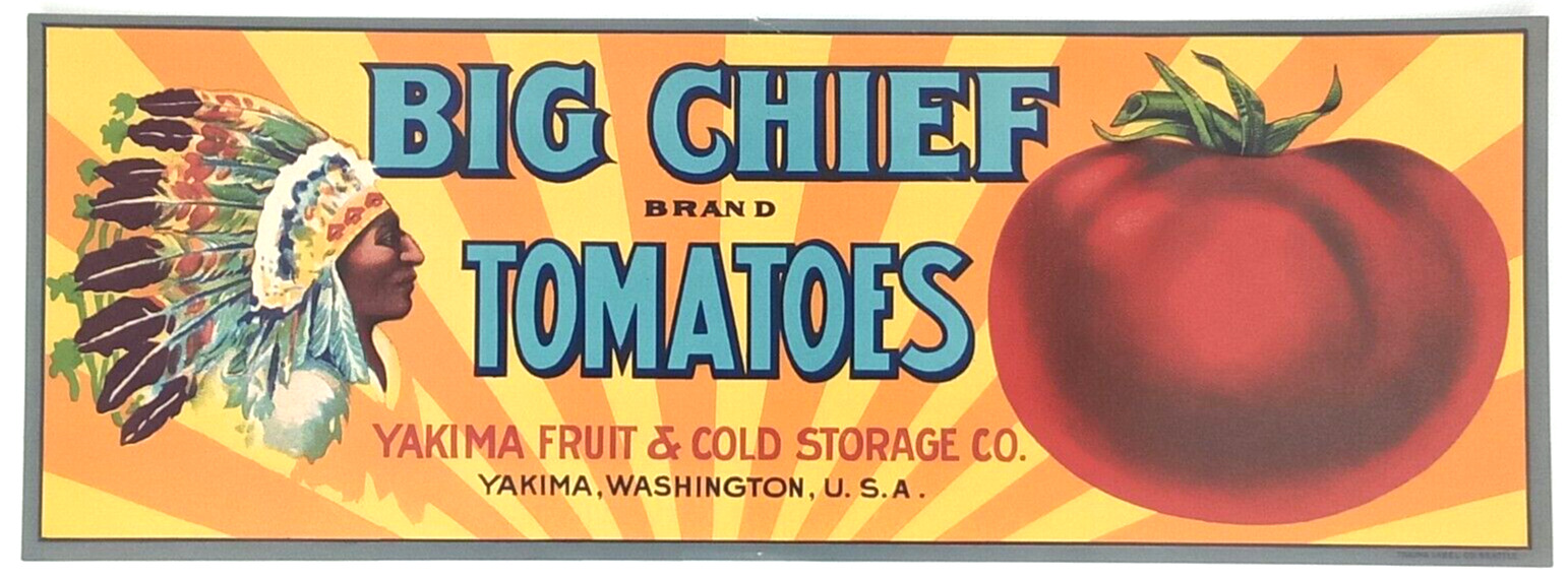 Big Chief Brand Tomatoes Yakima Fruit Original Paper Advertising Crate Label