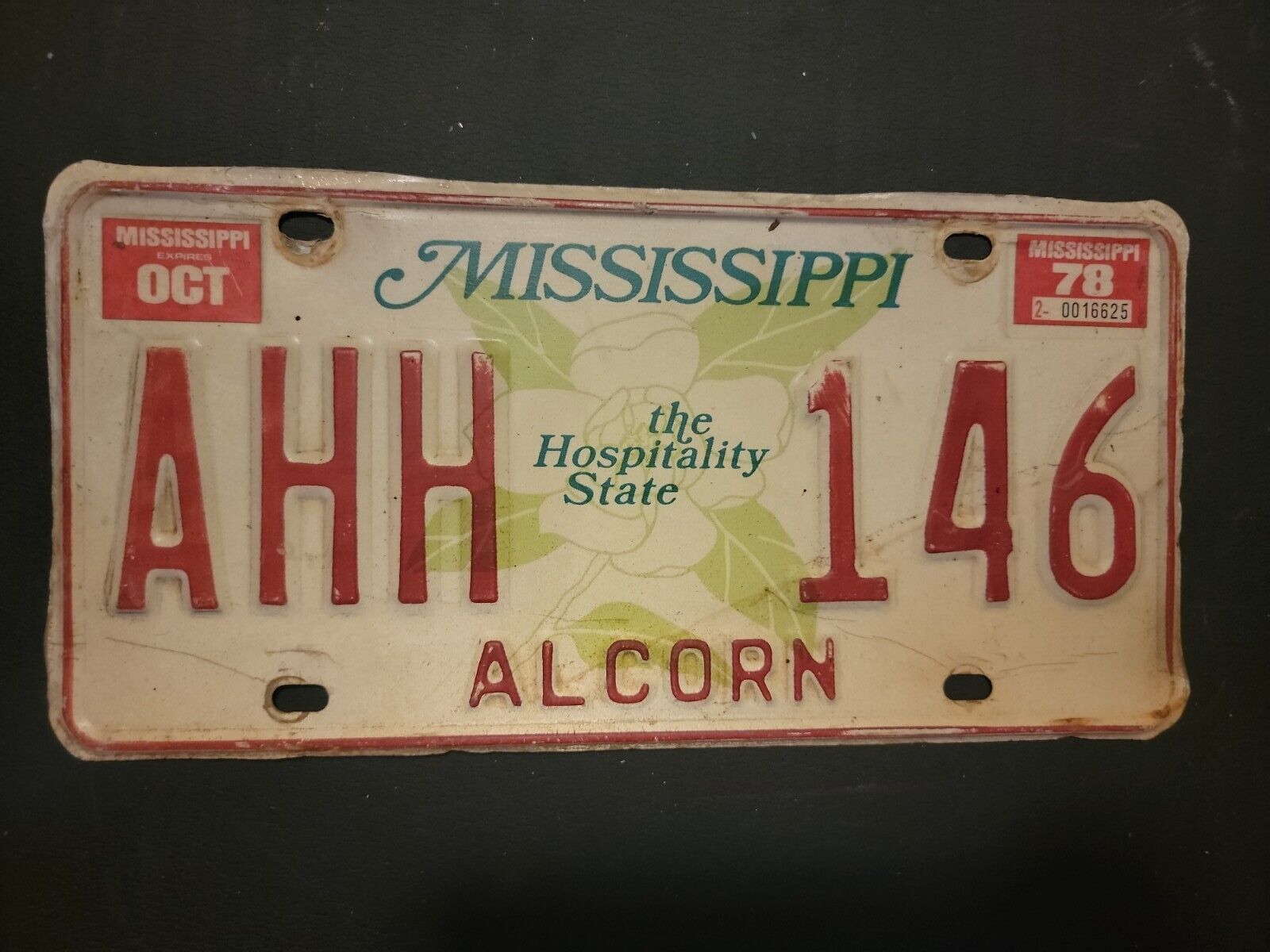 Vintage 1978  MISSISSIPPI  ALCORN  License Plate  AHH  146