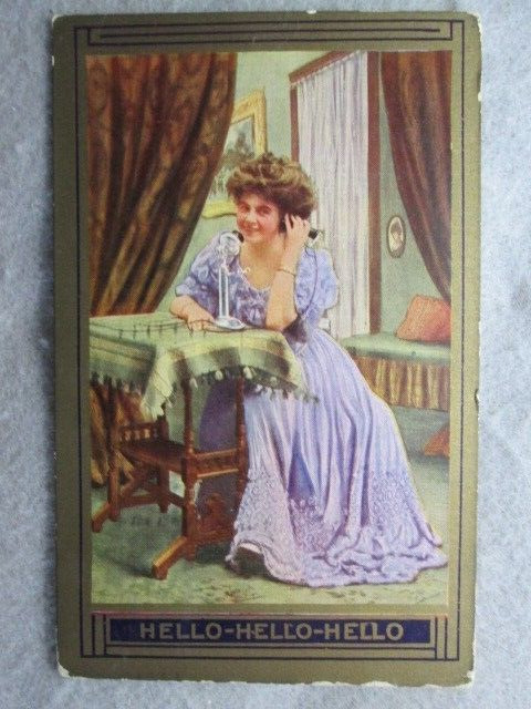 Antique Hello-Hello-Hello Postcard 1909, Beautiful Woman, Candlestick Phone
