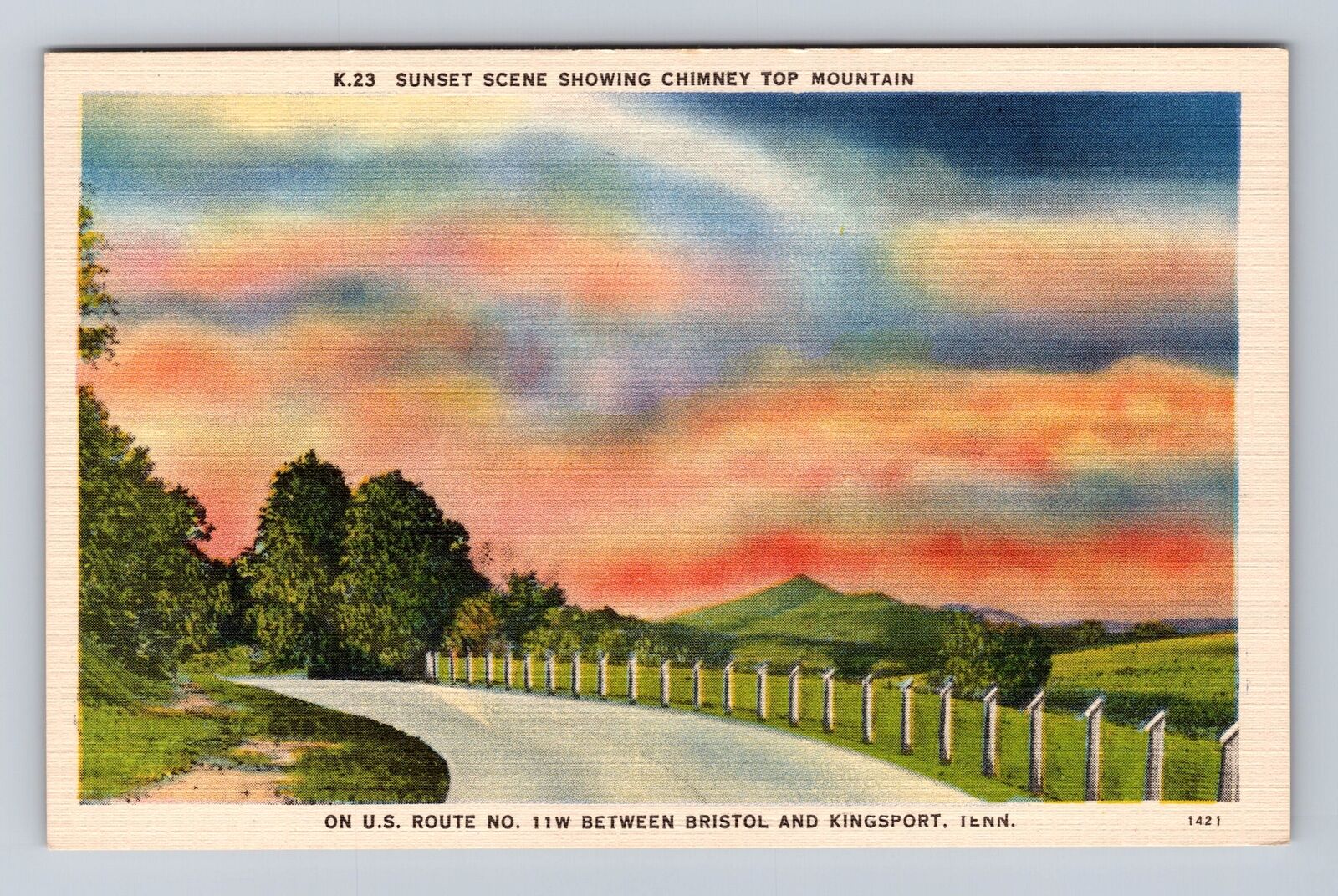Bristol TN-Tennessee, Sunset on Chimney Top Mountain, Vintage Souvenir Postcard