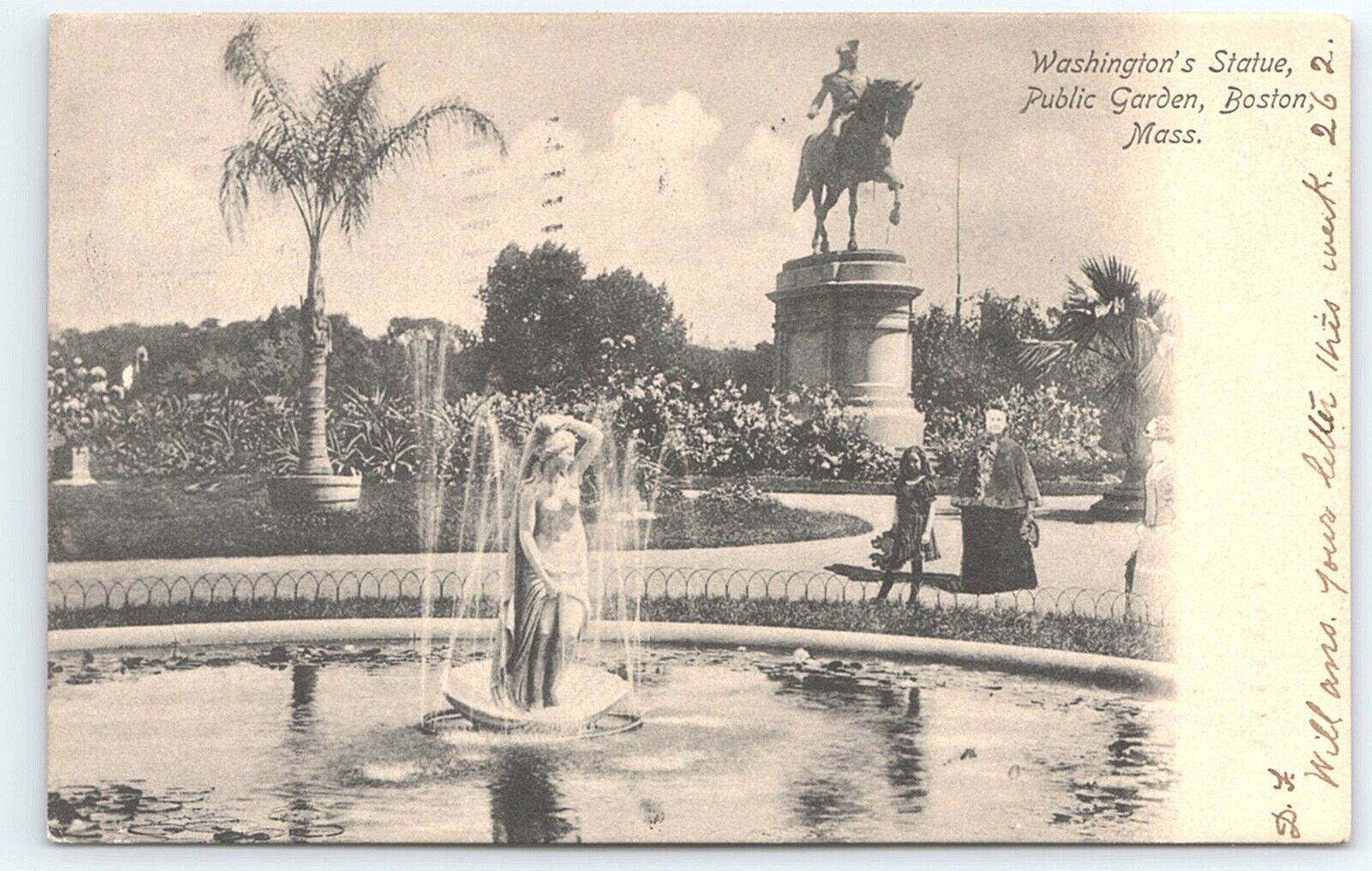 Postcard Washingtons Statue Public Garden Boston Massachusetts Fountain c1905