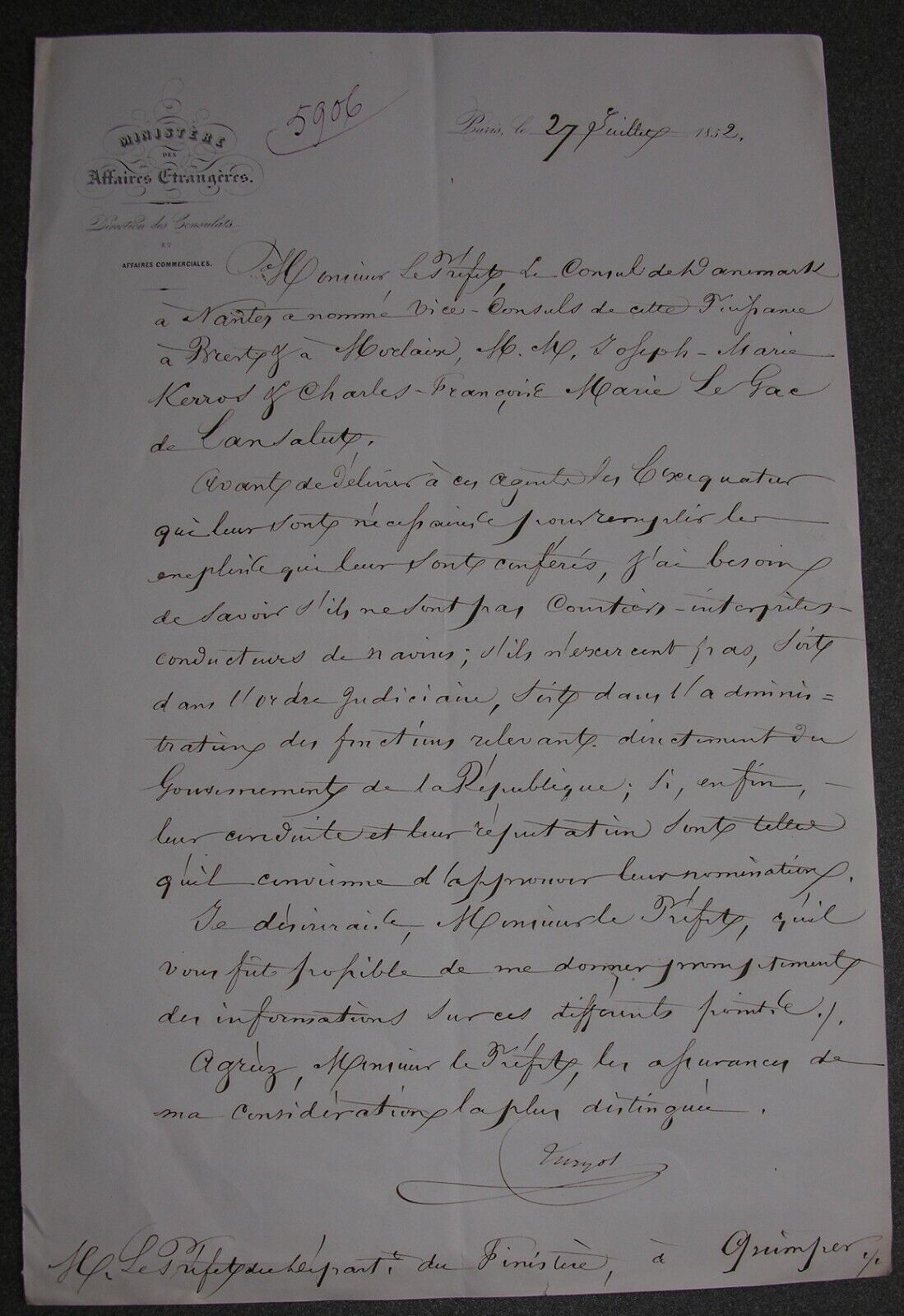 Louis-Félix Etienne Turgot (1796 - 1866). Letter with Signature. 1852