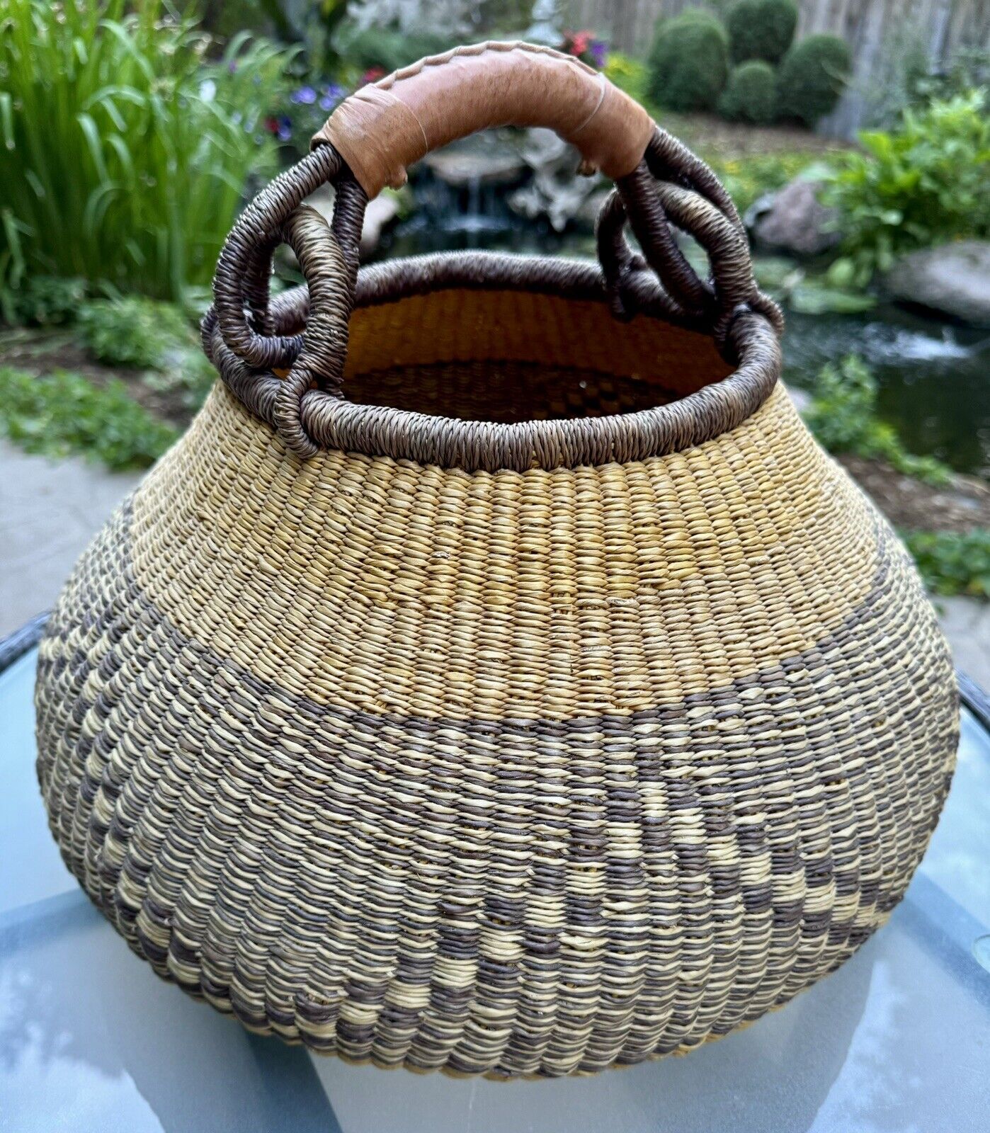 Vintage Large Hand Woven Bolga Pot Basket Leather Wrap Handle Ghana Artisan