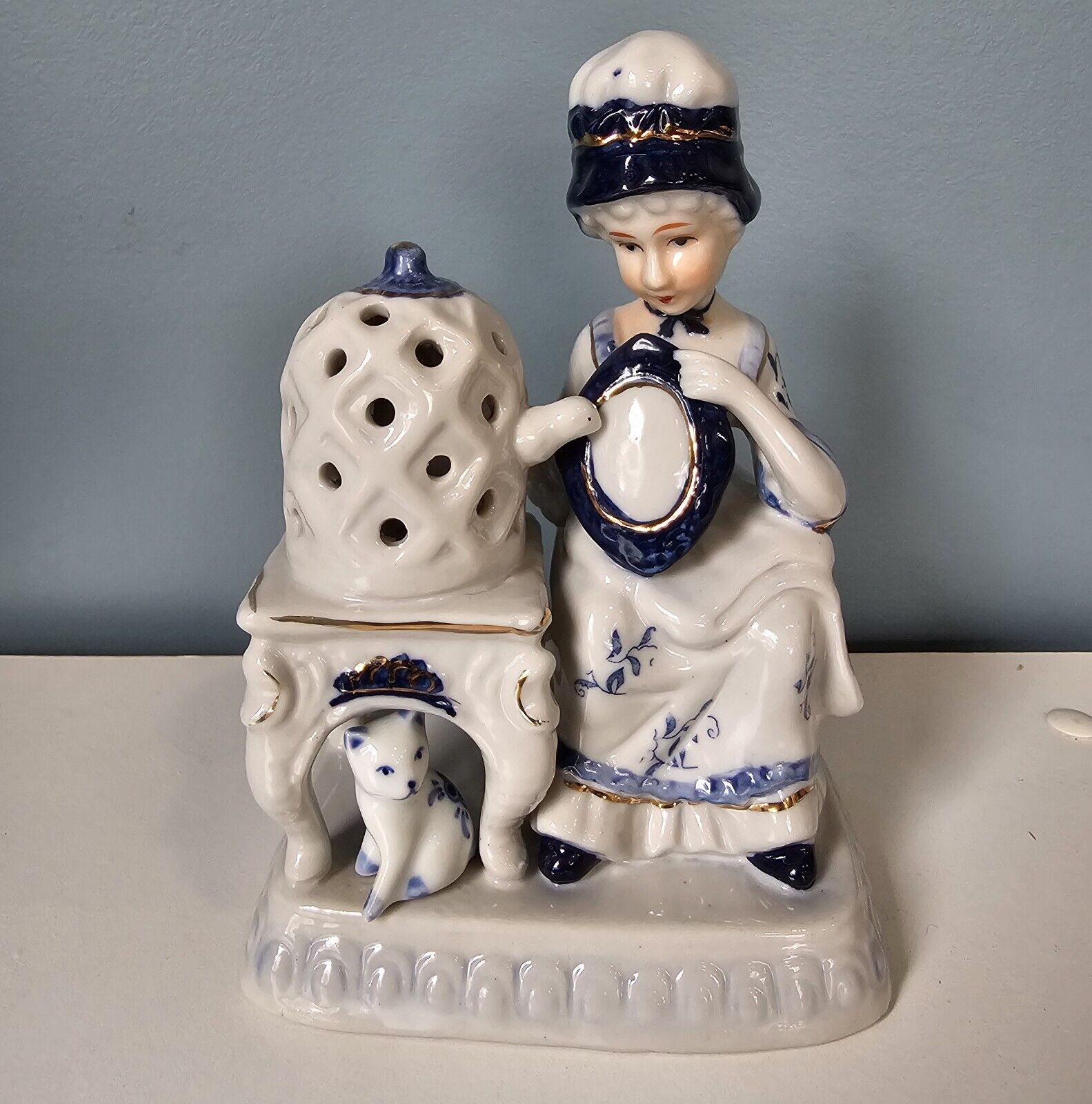 Vintage Blue & White Gold Gilt Porcelain Lady Sitting with Birdcage & Cat