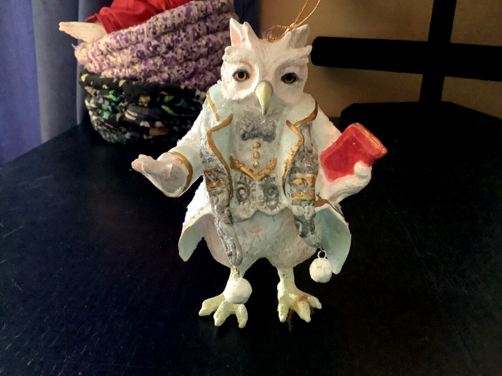 Wise Old WHITE OWL Holding a Book Christmas Ornament 6”