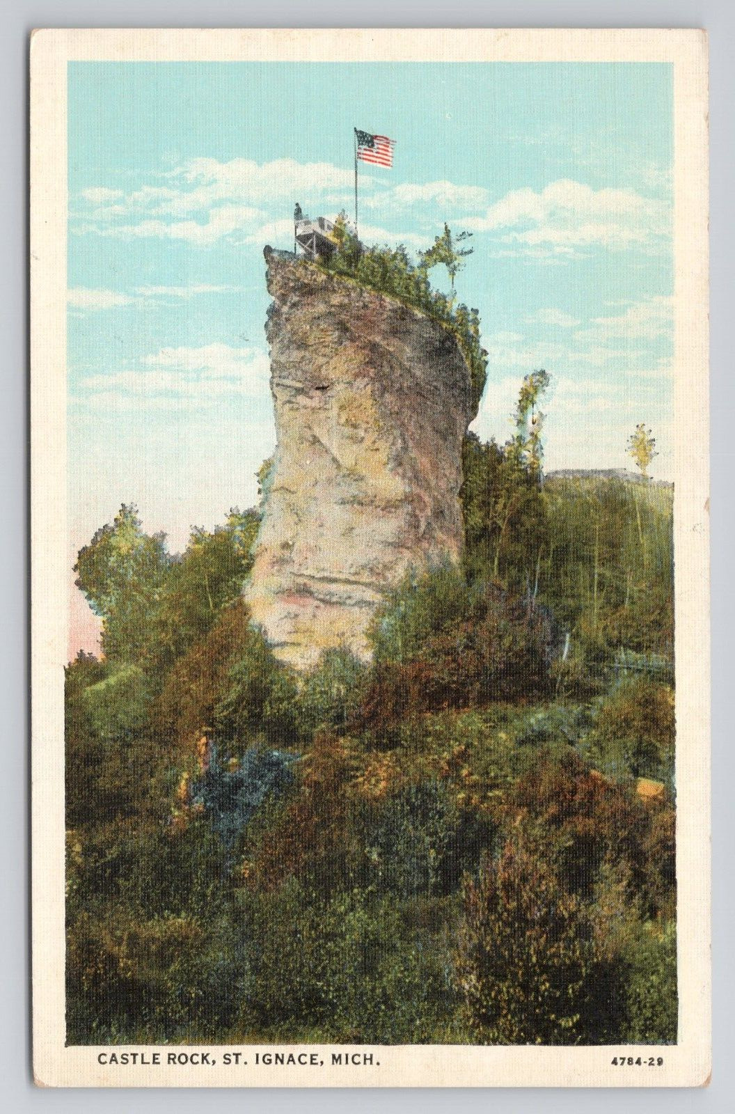 Castle Rock St Ignace Michigan Linen Postcard No 4777