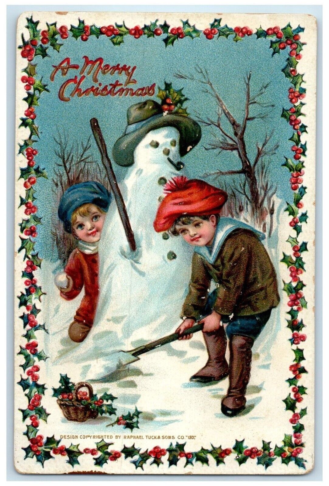 c1910's Christmas Boys Snowman Pipe Holly Berries Embossed Tuck's Postcard