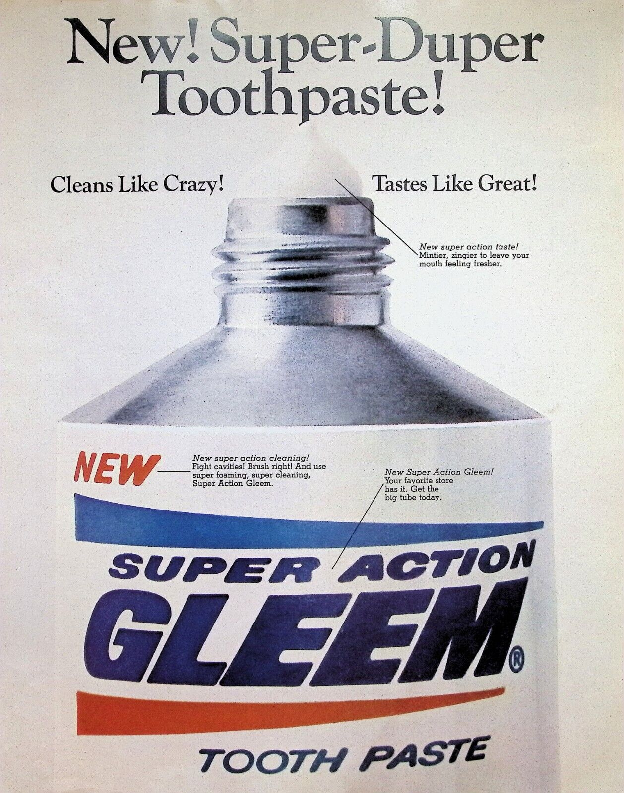 VINTAGE 1960s Print Ad ~ Super Action Gleem Tooth Paste ~ Super-Duper Toothpaste