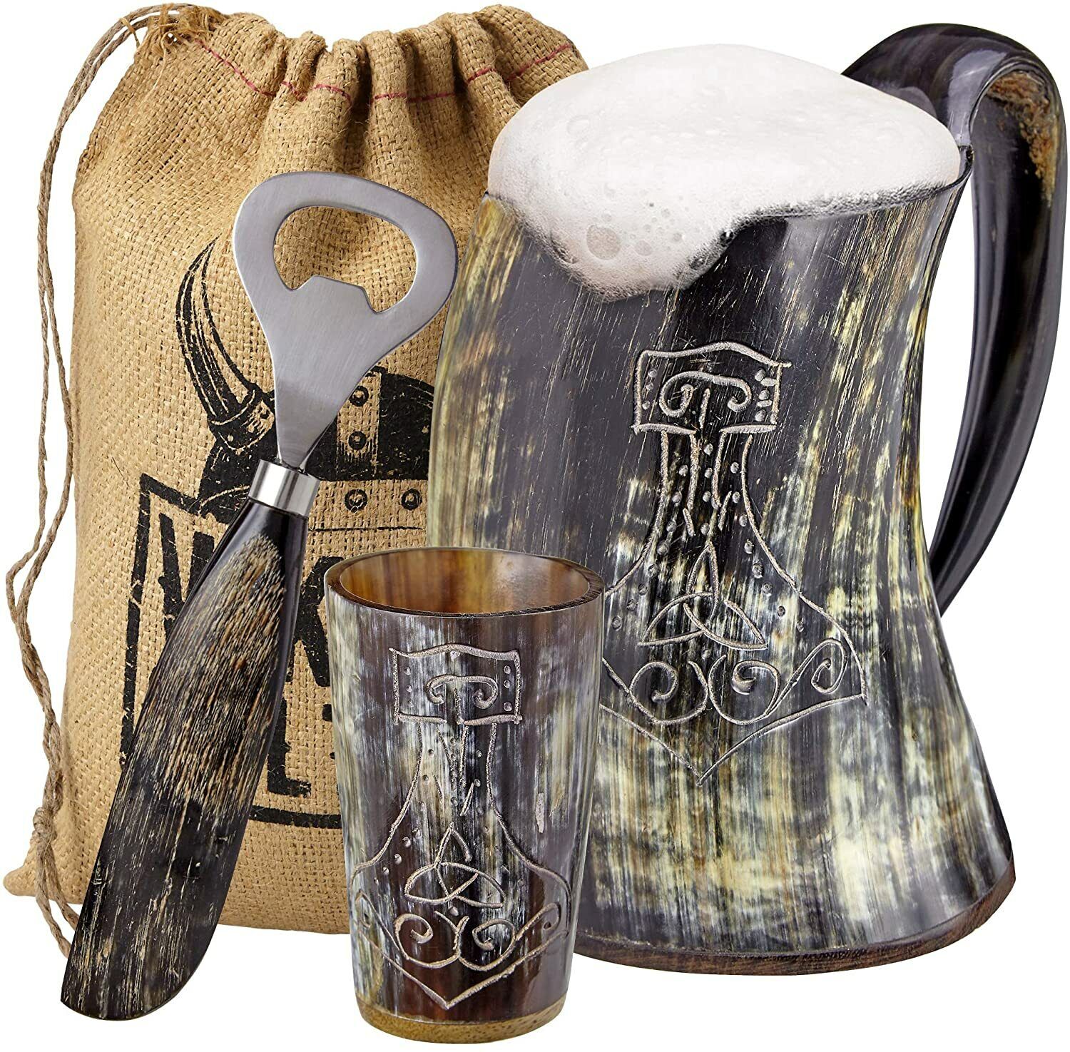 Viking Culture Ox Horn Mug, Shot Glass,and Bottle Opener 3 pic set  Thors Hammer