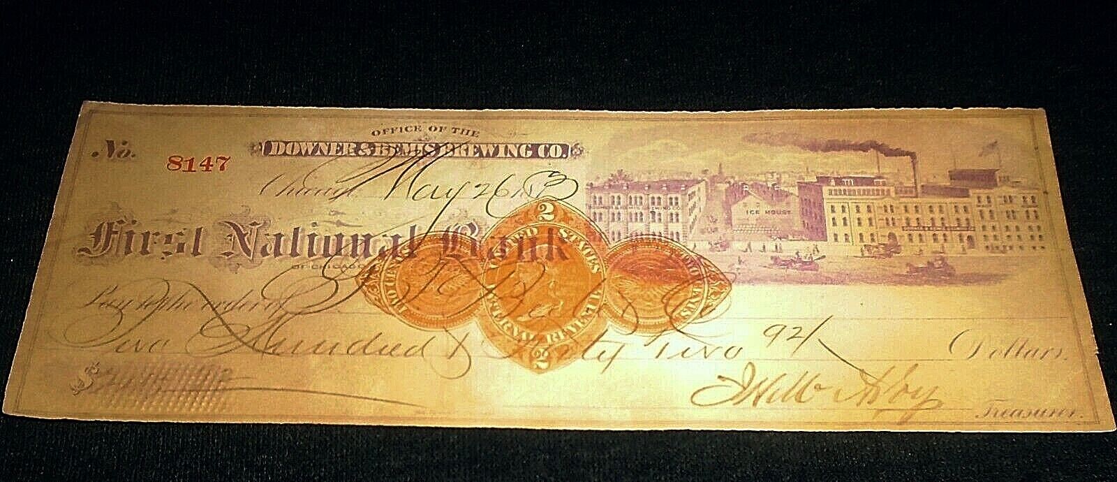 RARE 1875 Pre Pro Downer & Bemis Brewery, Chicago Illinois Bankers Check