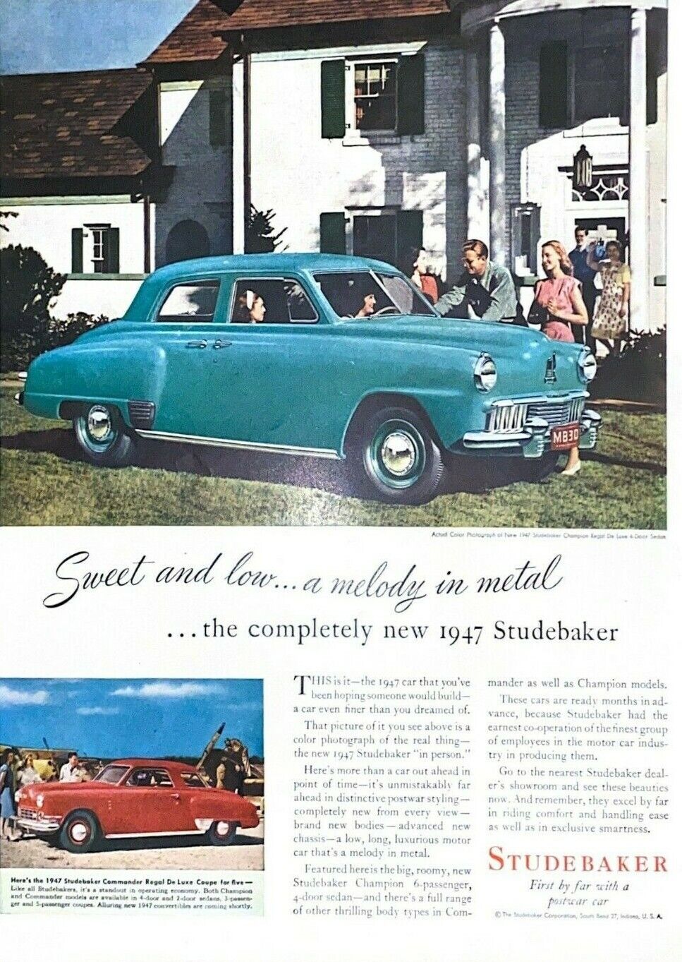 1946 Studebaker Automobile Vintage Print Ad New 1947 Sweet And Low Melody Metal 