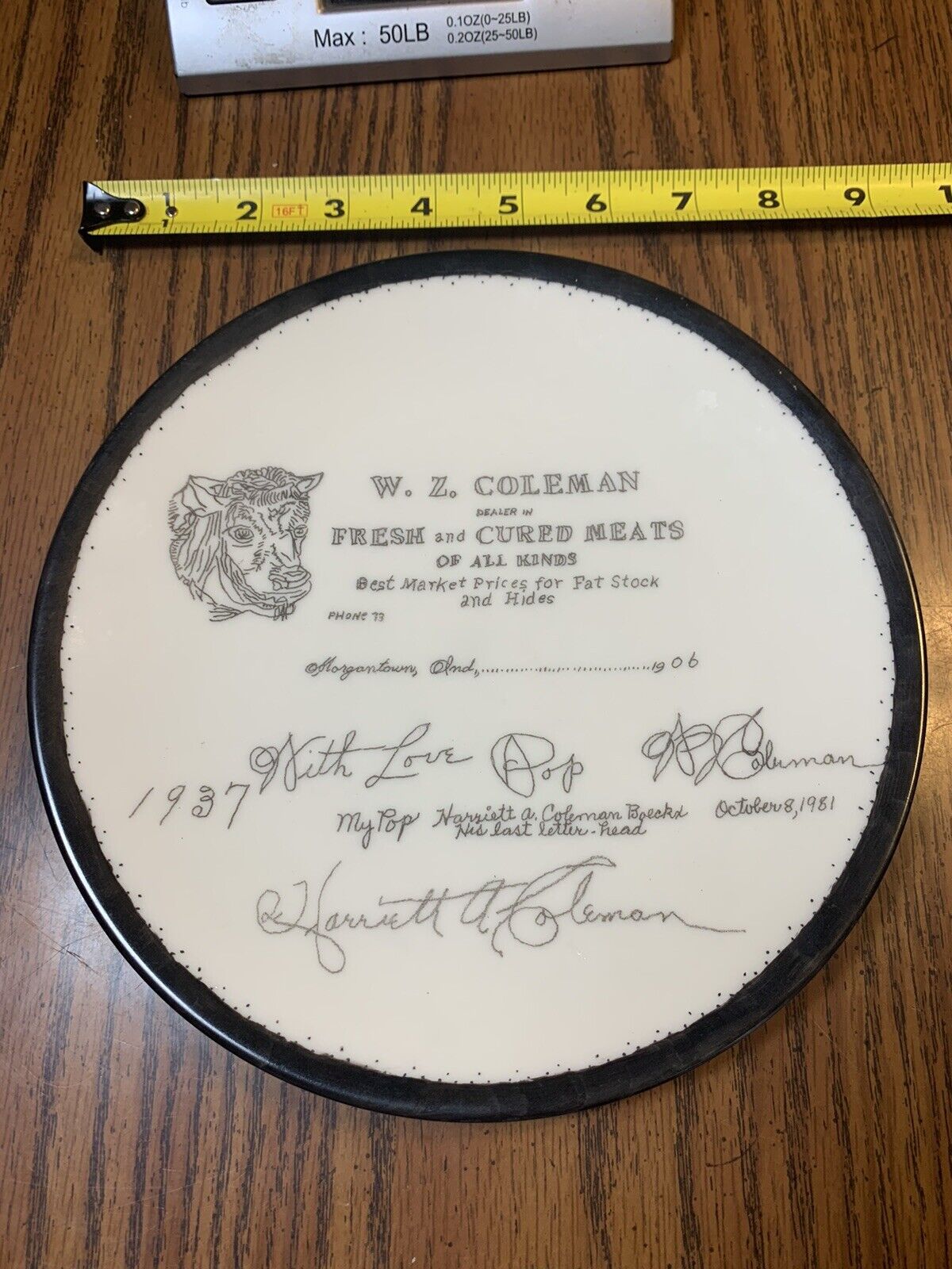 Vintage 1906-1981 W.Z.Coleman Fresh Cured Meats Market Morgantown, Indiana Plate