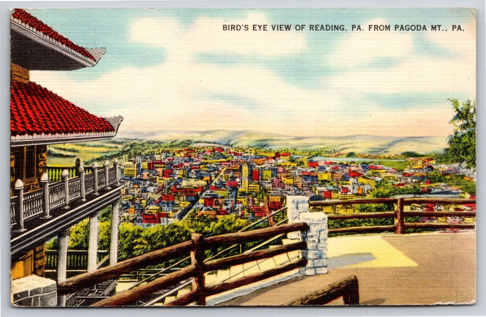 Pagoda Mt Pennsylvania~Birds Eye View Of City Of Reading~Vintage Linen Postcard